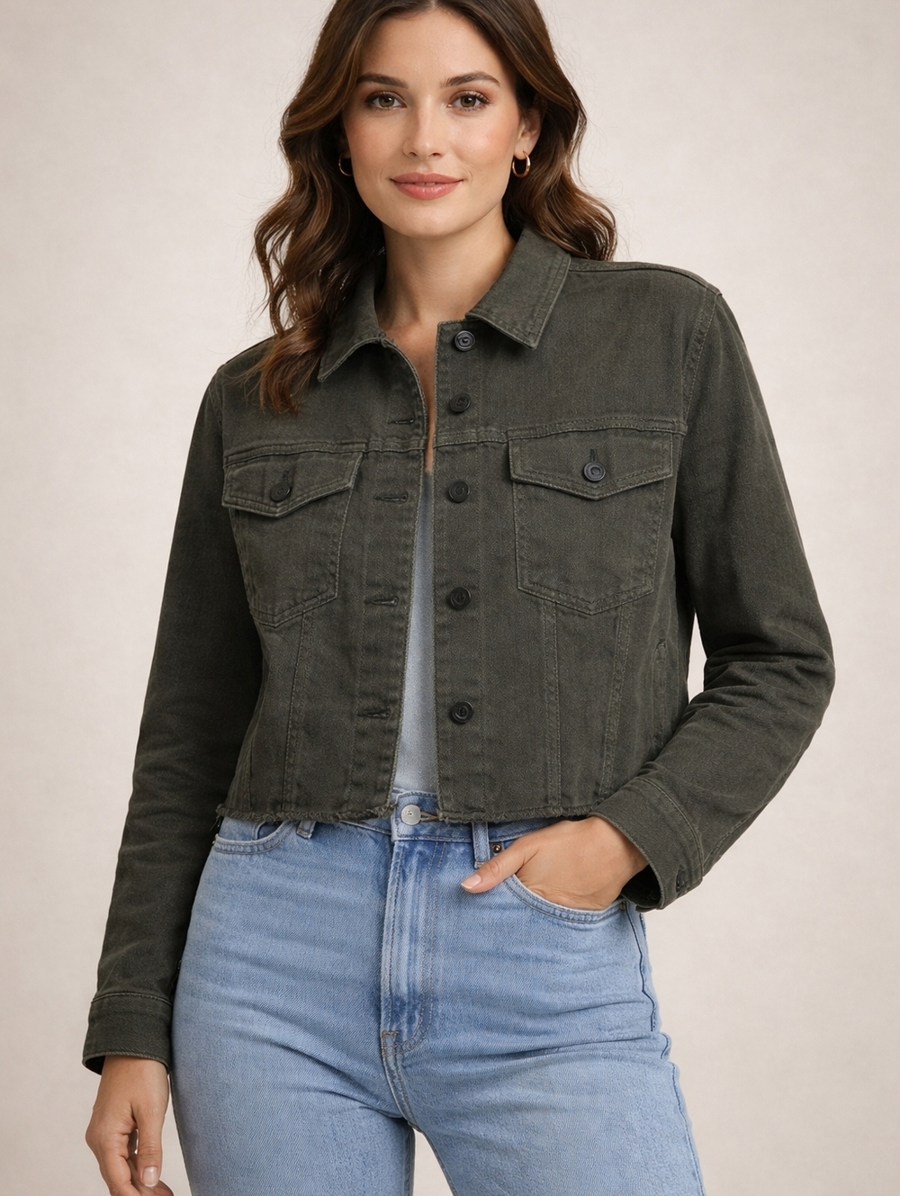Prosperity Green Denim Jacket With Raw Hem  - NWT